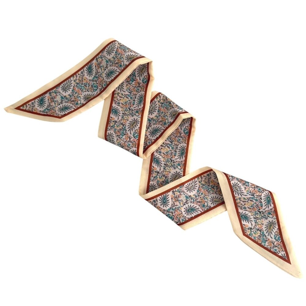 Slim Scarf Teal Mustard Boho Paisley Cream 34 inches Neck Hair Bag Wrap No 42 - Picture 2 of 9